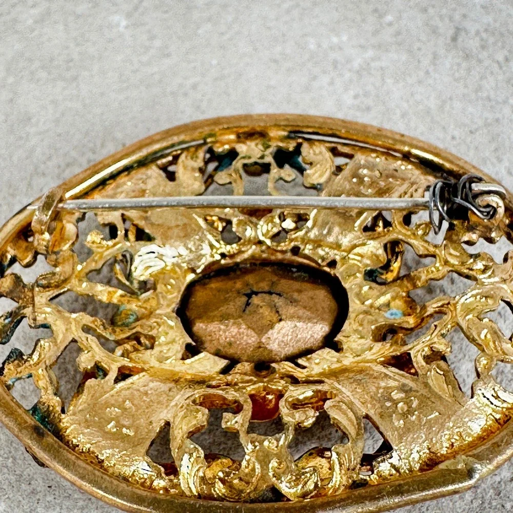Vintage Gold Tone Filigree Brooch Pin Large Blue Cabochon Stone‎ w/ Patina